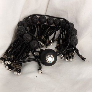 Woven Black Lava Bead Bracelet with Matte Black Fringe and Silver Beads, Button